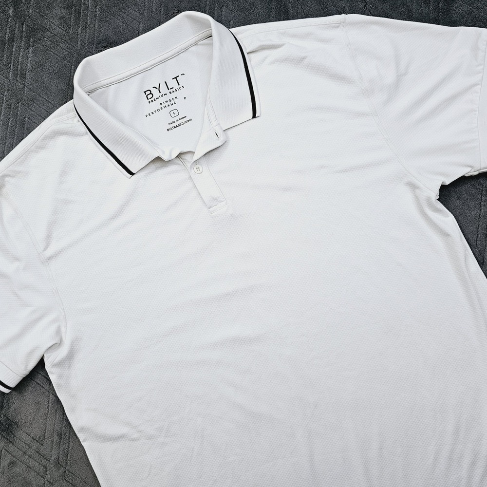 BYLT Ringer Performance Polo Mens Large White Black Tipped Curved Hem Athletic